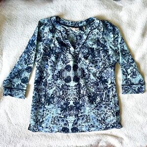 Rebecca Taylor 100% Silk Popover Top, Blue Floral Print with Black Trim, US 6